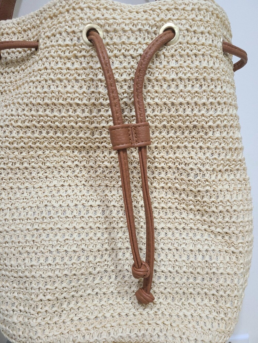 Montce Ali Woven Straw Bucket Bag Ivory & Chestnut Brown NWT - Picture 10 of 14